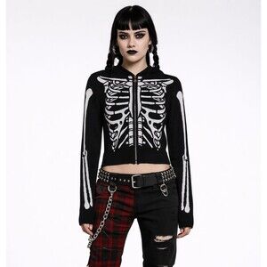 Dolls Kill Trickz N Treatz Skeleton Crop Hoodie Womens XS Black Goth Zip Punk